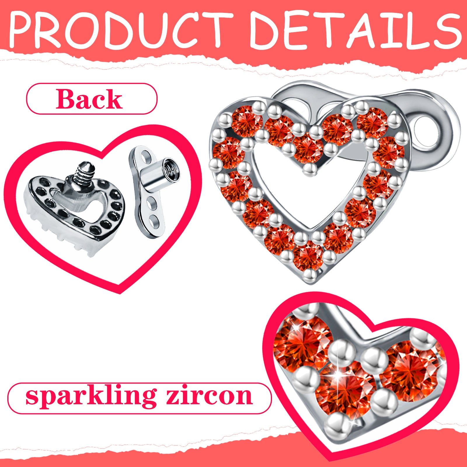 2pcs 14G Cubic Zirconia Heart Dermal Anchor Tops and Base Stainless Steel CZ Microdermals Body Piercings Studs Personalized Jewelry for Women Men