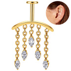 Hidden Vertical Helix Piercing Jewelry 16G Titanium Chain CZ Golden Flat Back Stud Cartilage Earrings for Women Dangle Floating Helix Tragus Piercings