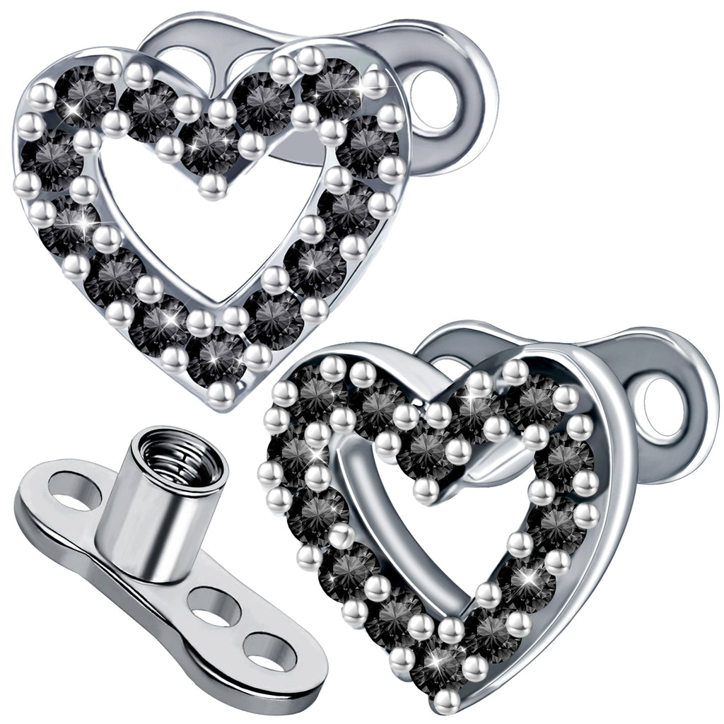 2pcs 14G Cubic Zirconia Dermal Anchor Tops and Base Heart Stainless Steel CZ Microdermals Internally Threaded Studs Body Piercings Jewelry for Women Men