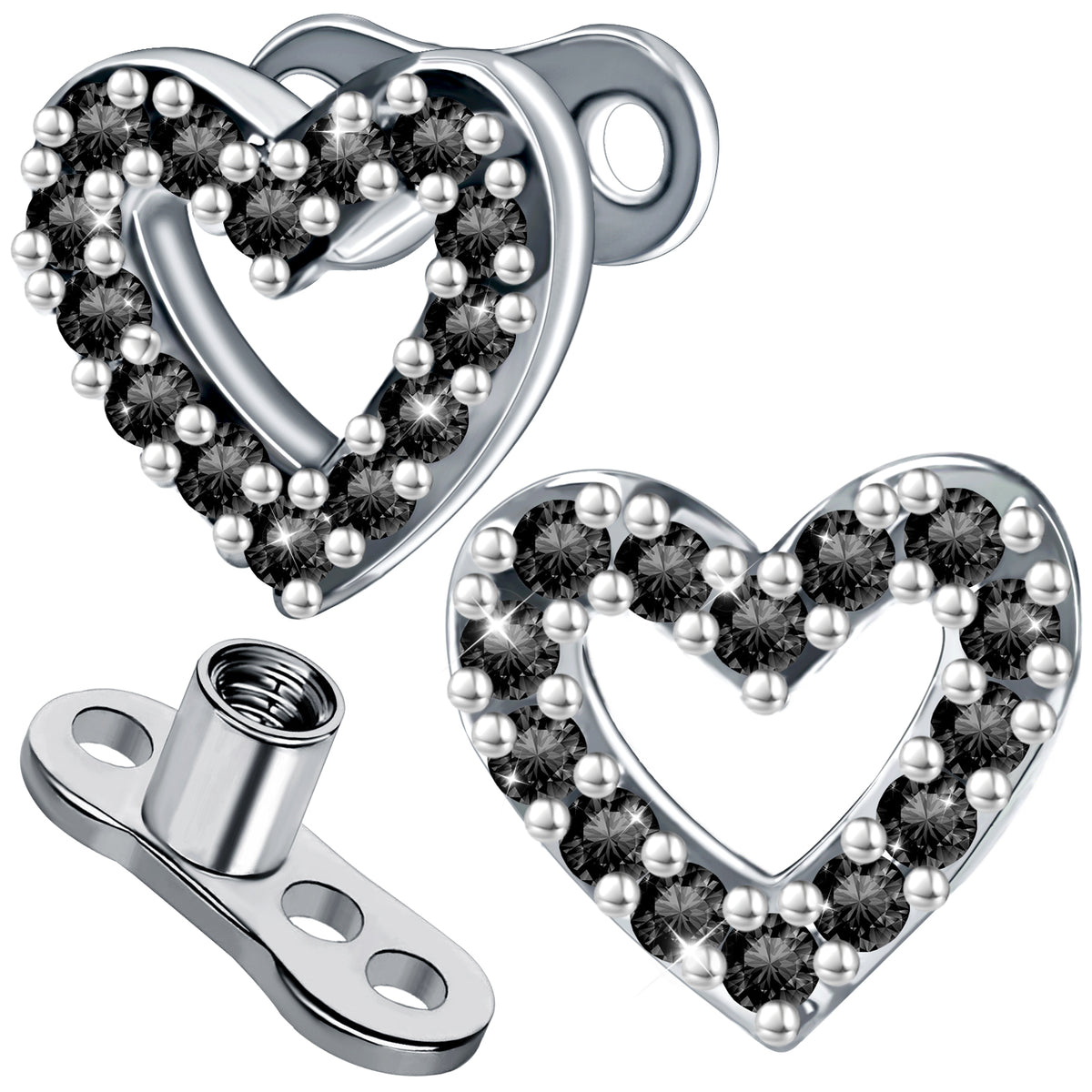 2pcs 14G Cubic Zirconia Dermal Anchor Tops and Base Heart Stainless Steel CZ Microdermals Internally Threaded Studs Body Piercings Jewelry for Women Men