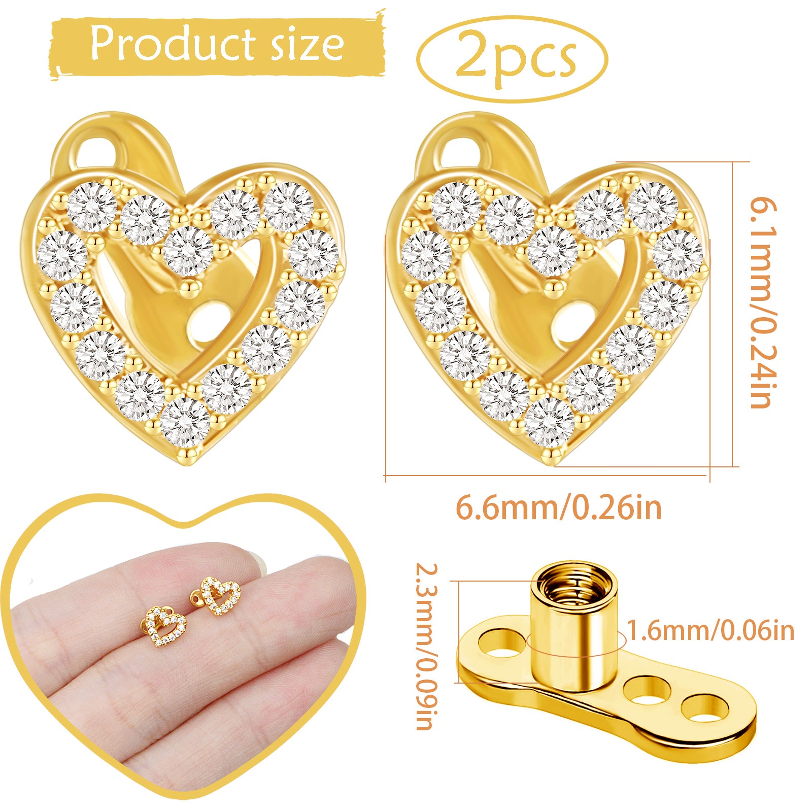 2 PCS 14G Cubic Zirconia Dermal Anchor Tops and Base Surgical Titanium Steel CZ Diamond Microdermals Internally Threaded Studs Body Piercings Jewelry Gift for Women Men