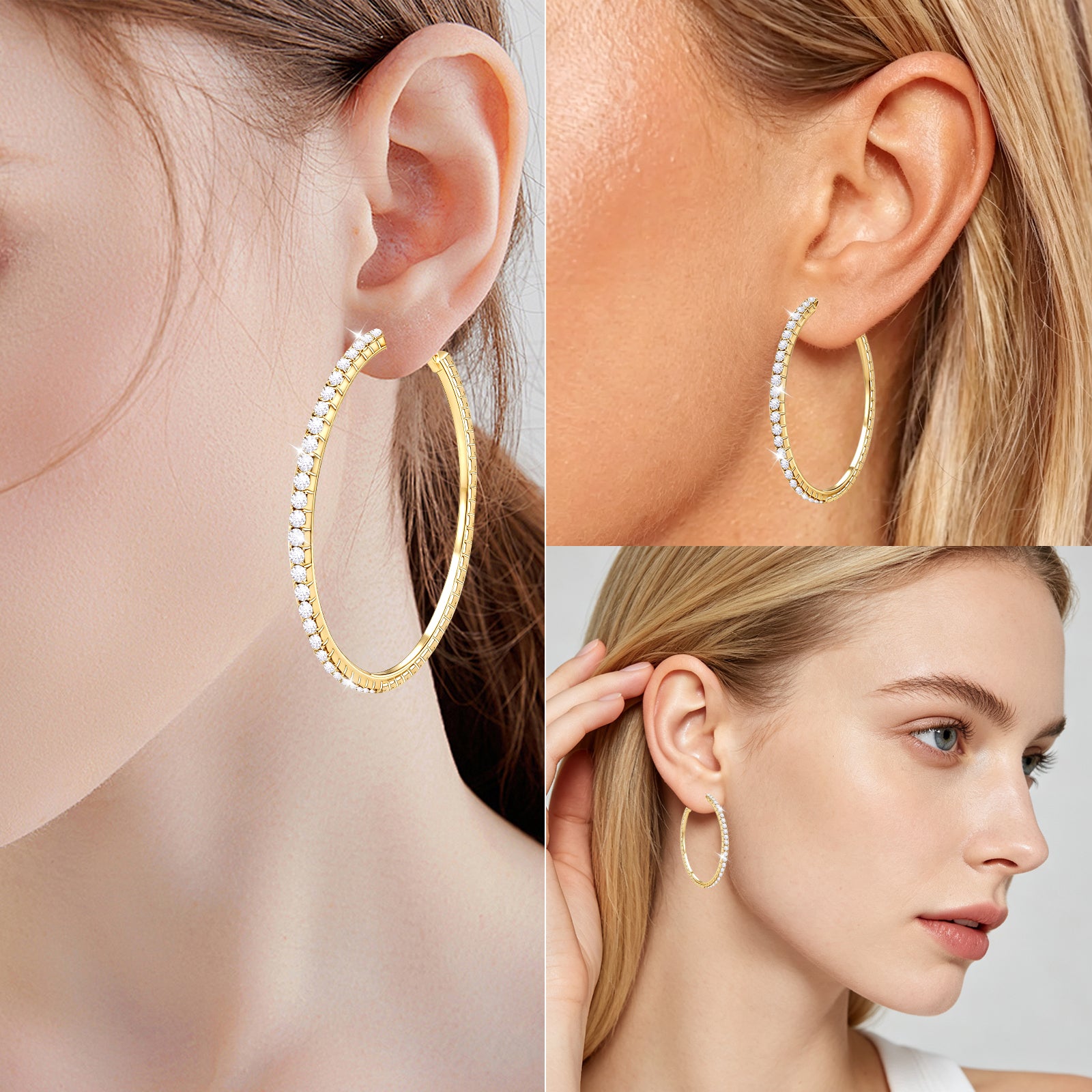 3 Pairs Rhinestone Hoop Clip On Earrings Golden Sparkly Crystal Large Non Pierced Earring Clips Circle Hoops for Women DIY Earrings Making Supplies