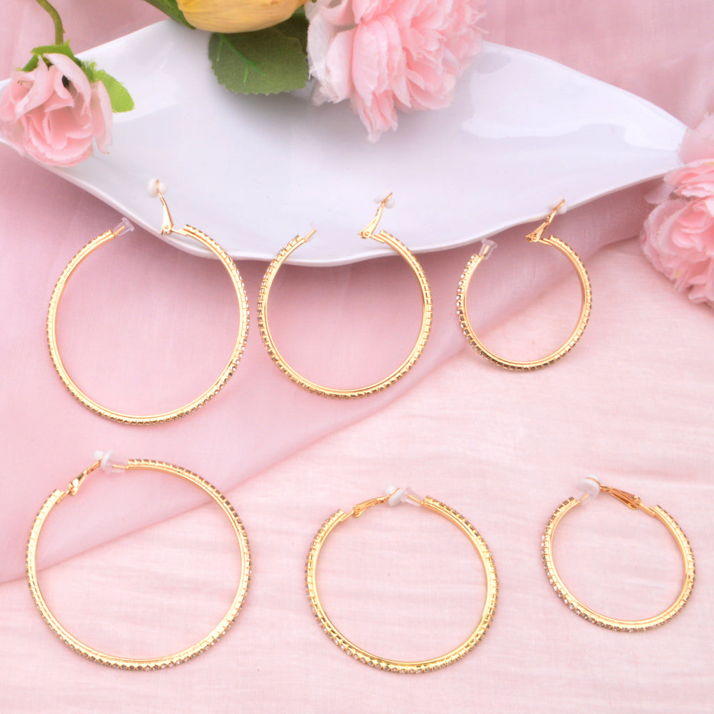 3 Pairs Rhinestone Hoop Clip On Earrings Golden Sparkly Crystal Large Non Pierced Earring Clips Circle Hoops for Women DIY Earrings Making Supplies