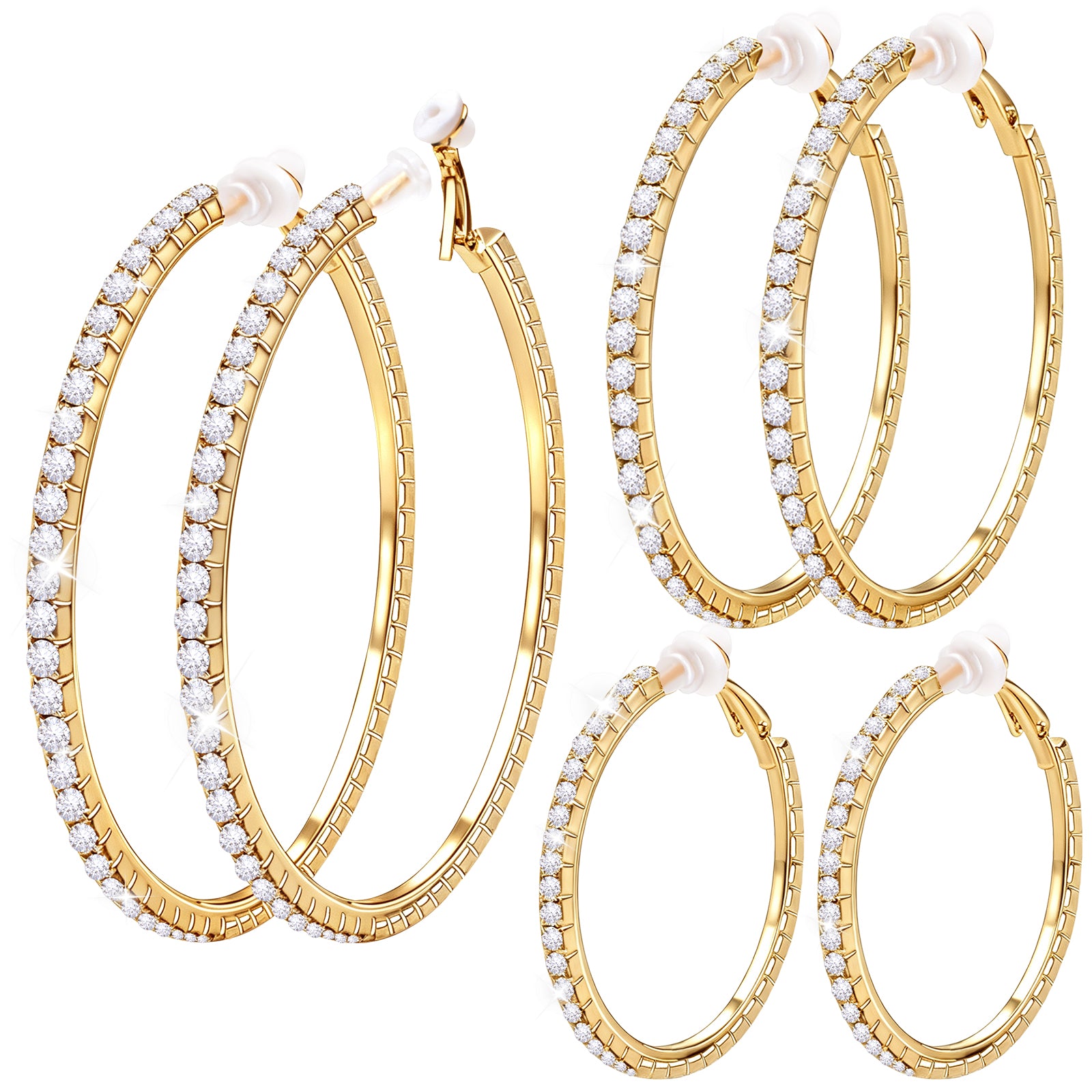 3 Pairs Rhinestone Hoop Clip On Earrings Golden Sparkly Crystal Large Non Pierced Earring Clips Circle Hoops for Women DIY Earrings Making Supplies