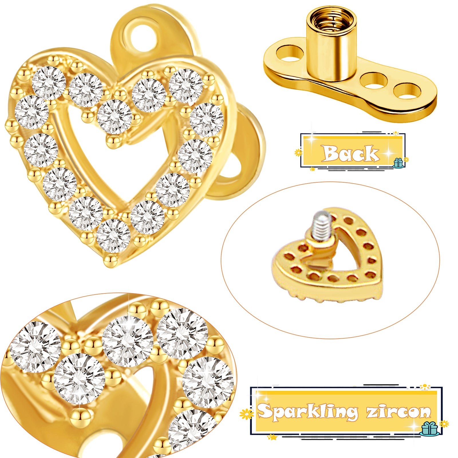 2 PCS 14G Cubic Zirconia Dermal Anchor Tops and Base Surgical Titanium Steel CZ Diamond Microdermals Internally Threaded Studs Body Piercings Jewelry Gift for Women Men