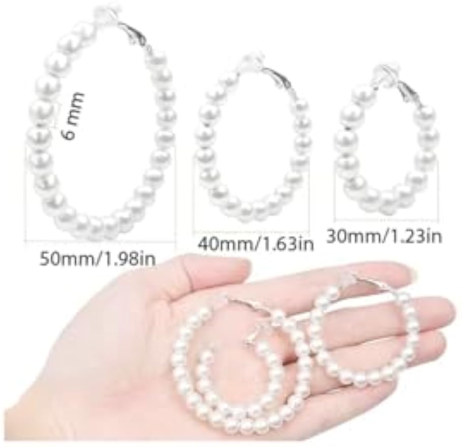 3 Pairs Pearl Clip on Hoop Earrings for Women Hypoallergenic Pearl Hoop Earrings Jewelry for Non-Pierced Ears Womens,3 Sizes,Adults
