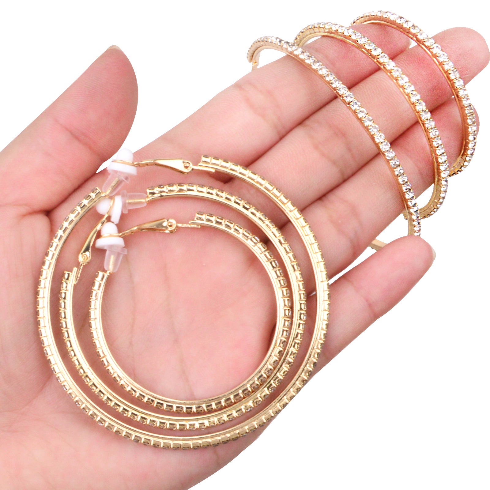 3 Pairs Rhinestone Hoop Clip On Earrings Golden Sparkly Crystal Large Non Pierced Earring Clips Circle Hoops for Women DIY Earrings Making Supplies