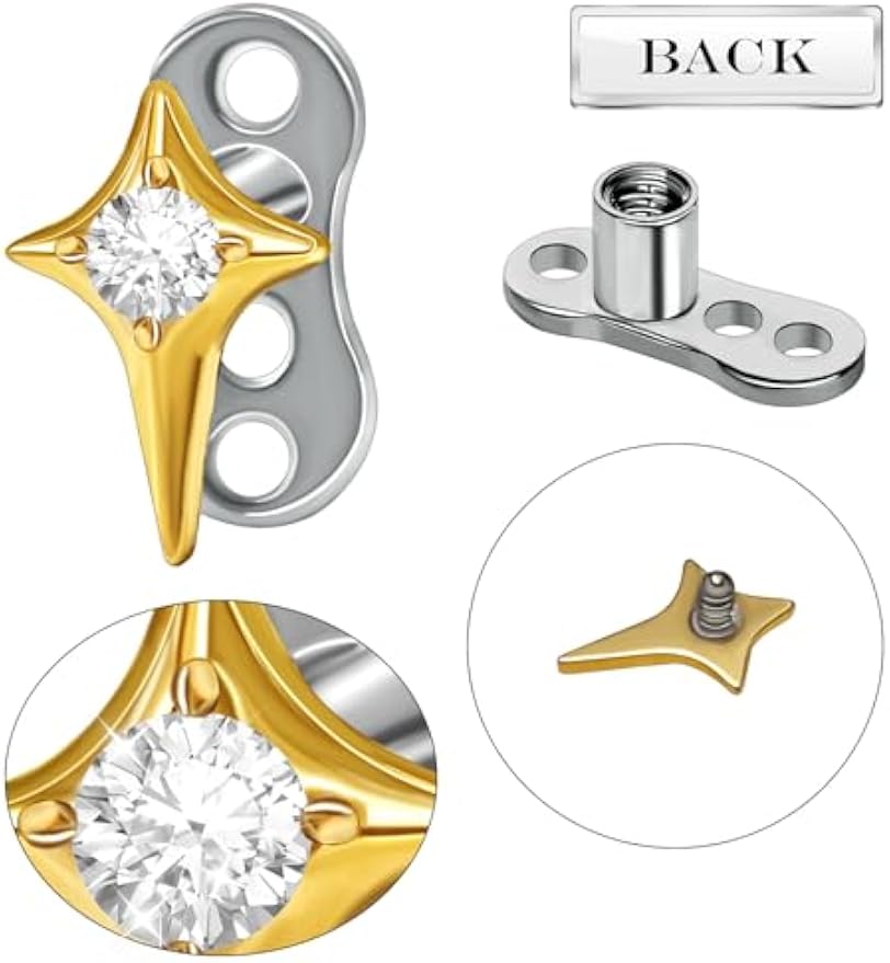 14G Cubic Zirconia Star Dermal Anchor Tops and Base G23 Titanium Crystal Studs Internally Threaded Microdermal Surface Skin Body Piercings Personalized Jewelry for Women