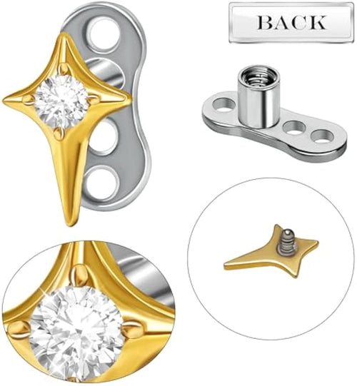 14G Cubic Zirconia Star Dermal Anchor Tops and Base G23 Titanium Crystal Studs Internally Threaded Microdermal Surface Skin Body Piercings Personalized Jewelry for Women