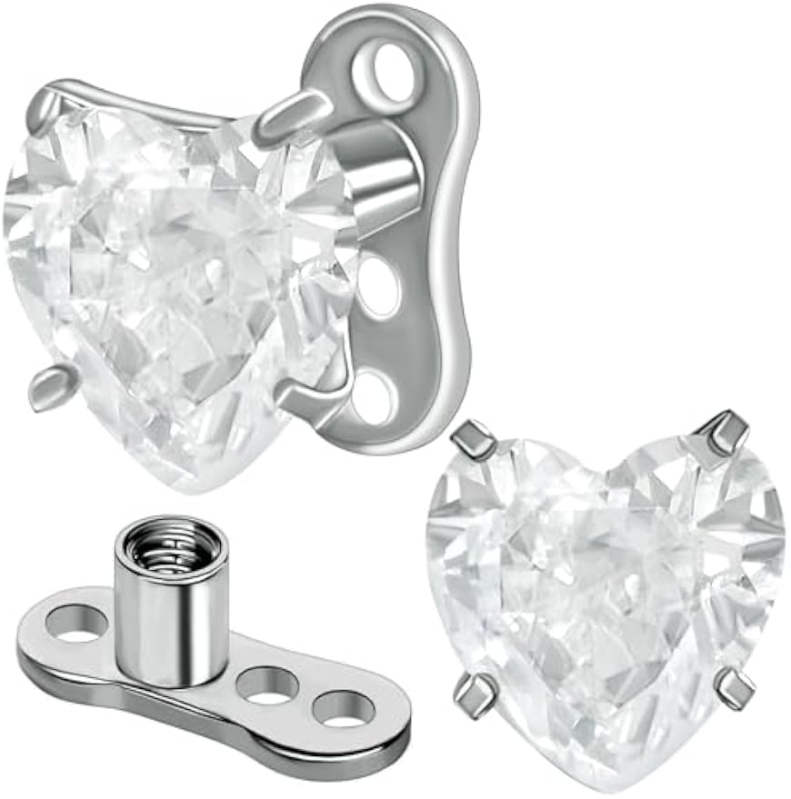 2 PCS 14G Cubic Zirconia Heart Dermal Anchor Tops and Base F136 Titanium CZ Microdermals Surface Skin Piercings Body Piercing Punk Personalized Jewelry for Women Men