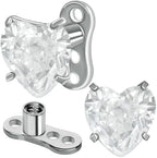 2 PCS 14G Cubic Zirconia Heart Dermal Anchor Tops and Base F136 Titanium CZ Microdermals Surface Skin Piercings Body Piercing Punk Personalized Jewelry for Women Men