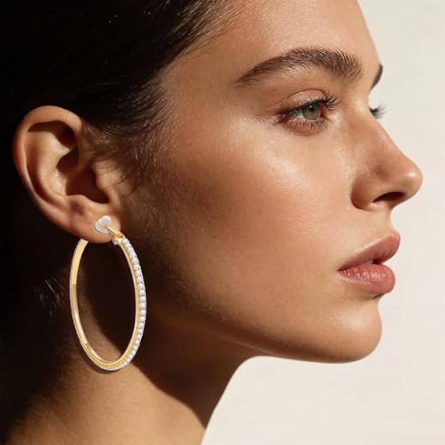 2 Pairs Rhinestone Circle Hoop Earrings, Golden and Silver | Clip On, Non Piercing, Sparkly Crystal, DIY Earrings Making