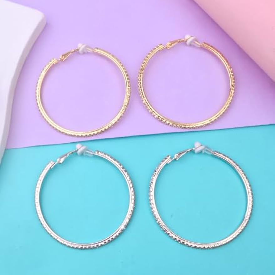 2 Pairs Rhinestone Circle Hoop Earrings, Golden and Silver | Clip On, Non Piercing, Sparkly Crystal, DIY Earrings Making