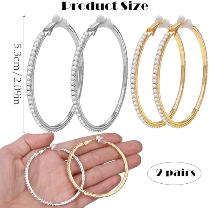 2 Pairs Rhinestone Circle Hoop Earrings, Golden and Silver | Clip On, Non Piercing, Sparkly Crystal, DIY Earrings Making
