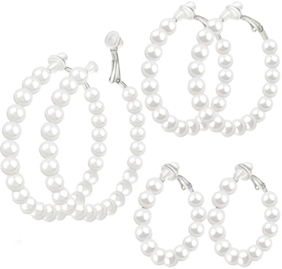 3 Pairs Pearl Clip on Hoop Earrings for Women Hypoallergenic Pearl Hoop Earrings Jewelry for Non-Pierced Ears Womens,3 Sizes,Adults