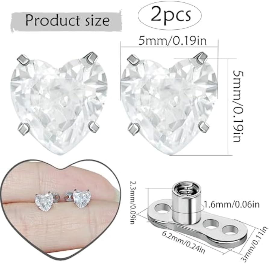 2 PCS 14G Cubic Zirconia Heart Dermal Anchor Tops and Base F136 Titanium CZ Microdermals Surface Skin Piercings Body Piercing Punk Personalized Jewelry for Women Men