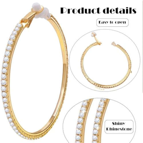 2 Pairs Rhinestone Circle Hoop Earrings, Golden and Silver | Clip On, Non Piercing, Sparkly Crystal, DIY Earrings Making