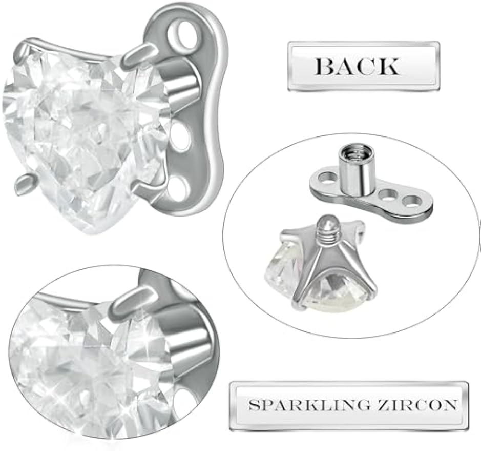 2 PCS 14G Cubic Zirconia Heart Dermal Anchor Tops and Base F136 Titanium CZ Microdermals Surface Skin Piercings Body Piercing Punk Personalized Jewelry for Women Men