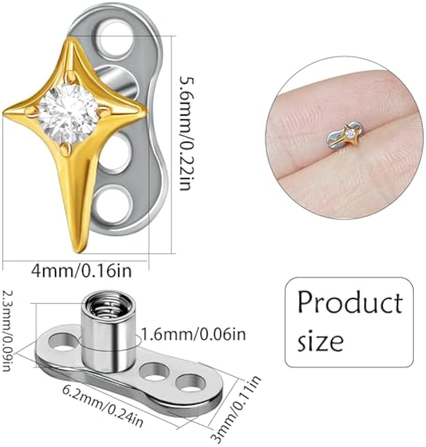 14G Cubic Zirconia Star Dermal Anchor Tops and Base G23 Titanium Crystal Studs Internally Threaded Microdermal Surface Skin Body Piercings Personalized Jewelry for Women
