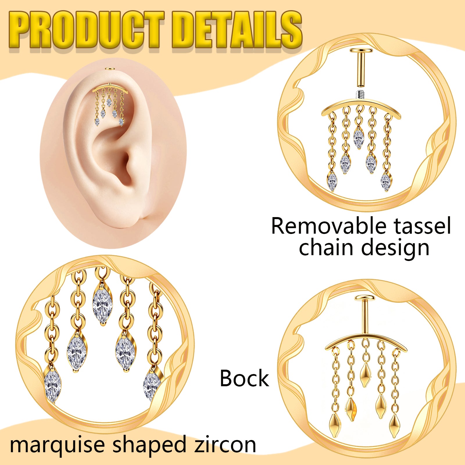 Hidden Vertical Helix Piercing Jewelry 16G Titanium Chain CZ Golden Flat Back Stud Cartilage Earrings for Women Dangle Floating Helix Tragus Piercings
