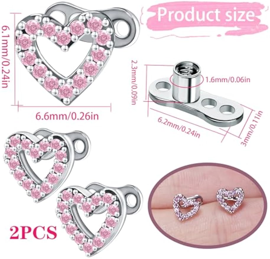 2pcs 14G Cubic Zirconia Dermal Anchor Tops and Base Heart Stainless Steel CZ Microdermals Internally Threaded Studs Body Piercings Jewelry for Women Men