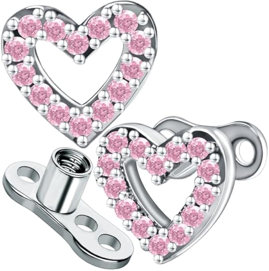 2pcs 14G Cubic Zirconia Dermal Anchor Tops and Base Heart Stainless Steel CZ Microdermals Internally Threaded Studs Body Piercings Jewelry for Women Men
