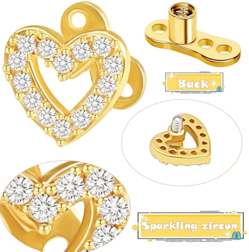 2 PCS 14G Cubic Zirconia Dermal Anchor Tops and Base Surgical Titanium Steel CZ Diamond Microdermals Internally Threaded Studs Body Piercings Jewelry Gift for Women Men,Gold