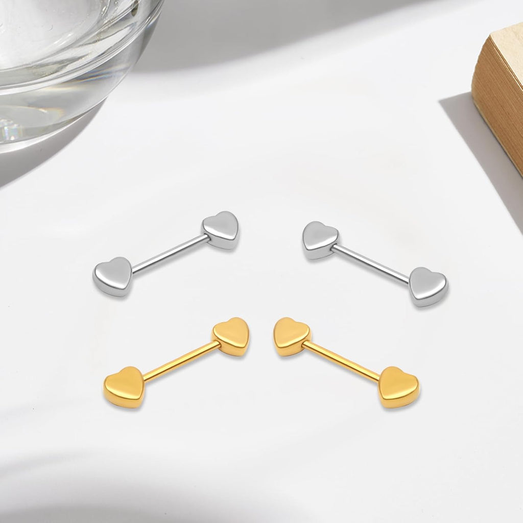 2 Pairs 14G Nipple Rings Minimalist Love Hearts Nipplerings Tongue Rings Stainless Steel Straight Barbells Bridge Piercing Jewelry for Women Men (Gold and Silver)