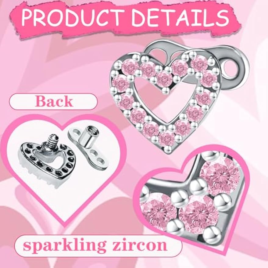 2pcs 14G Cubic Zirconia Dermal Anchor Tops and Base Heart Stainless Steel CZ Microdermals Internally Threaded Studs Body Piercings Jewelry for Women Men