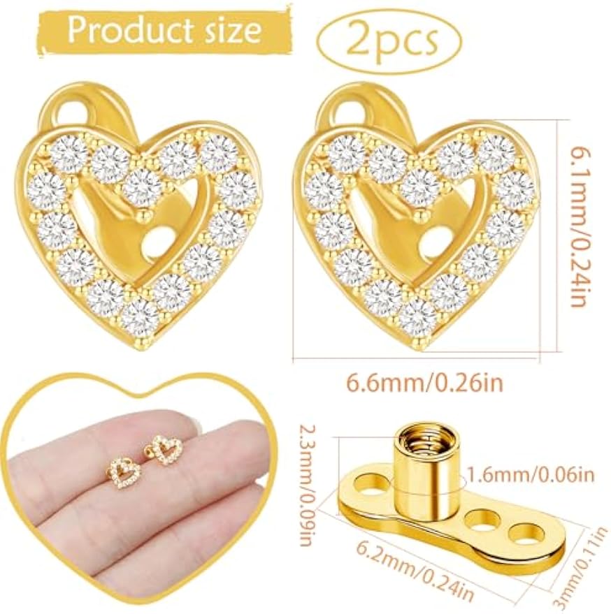 2 PCS 14G Cubic Zirconia Dermal Anchor Tops and Base Surgical Titanium Steel CZ Diamond Microdermals Internally Threaded Studs Body Piercings Jewelry Gift for Women Men,Gold
