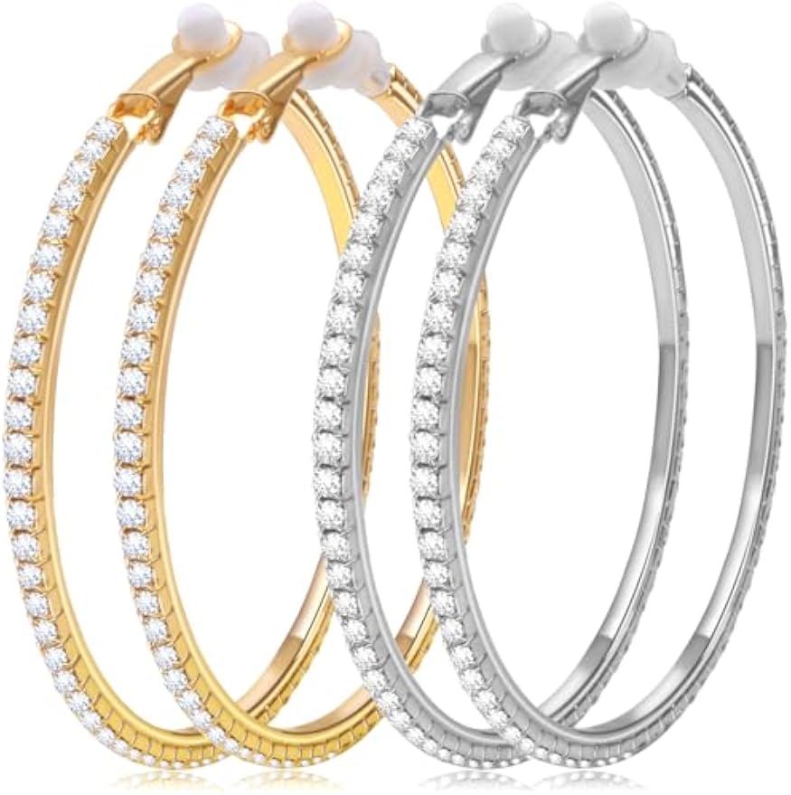 2 Pairs Rhinestone Circle Hoop Earrings, Golden and Silver | Clip On, Non Piercing, Sparkly Crystal, DIY Earrings Making