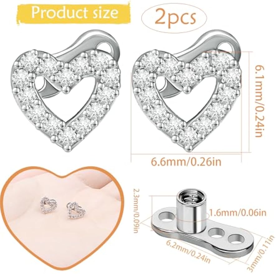 2 PCS 14G Cubic Zirconia Dermal Anchor Tops and Base Surgical Titanium Steel CZ Diamond Microdermals Internally Threaded Studs Body Piercings Jewelry Gift for Women Men