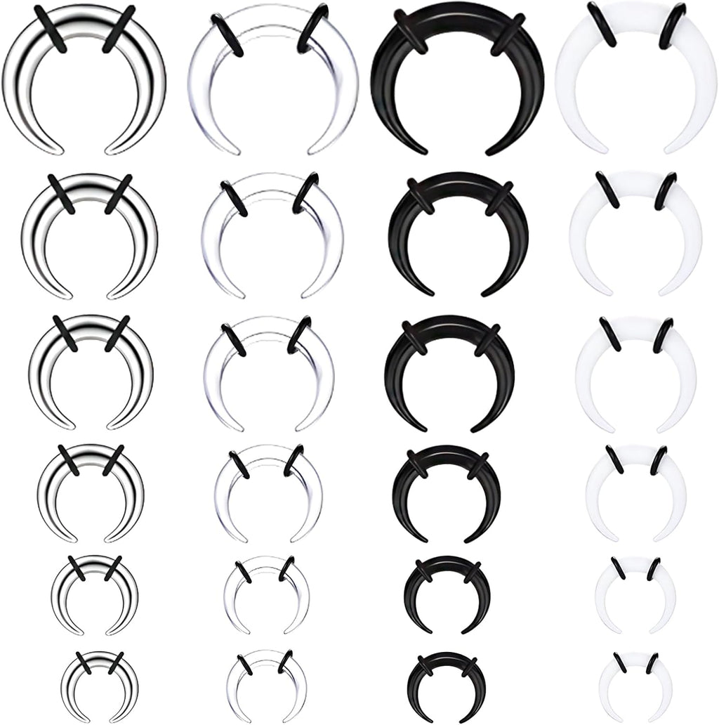 24pcs 14G-4G Acrylic Horseshoe Septum Rings Piercing Jewelry Pincher Tapers Stainless Steel C Shape Buffalo Stretcher Expander with Black O-Rings for Stretching Pierced Nose Ear Cartilage