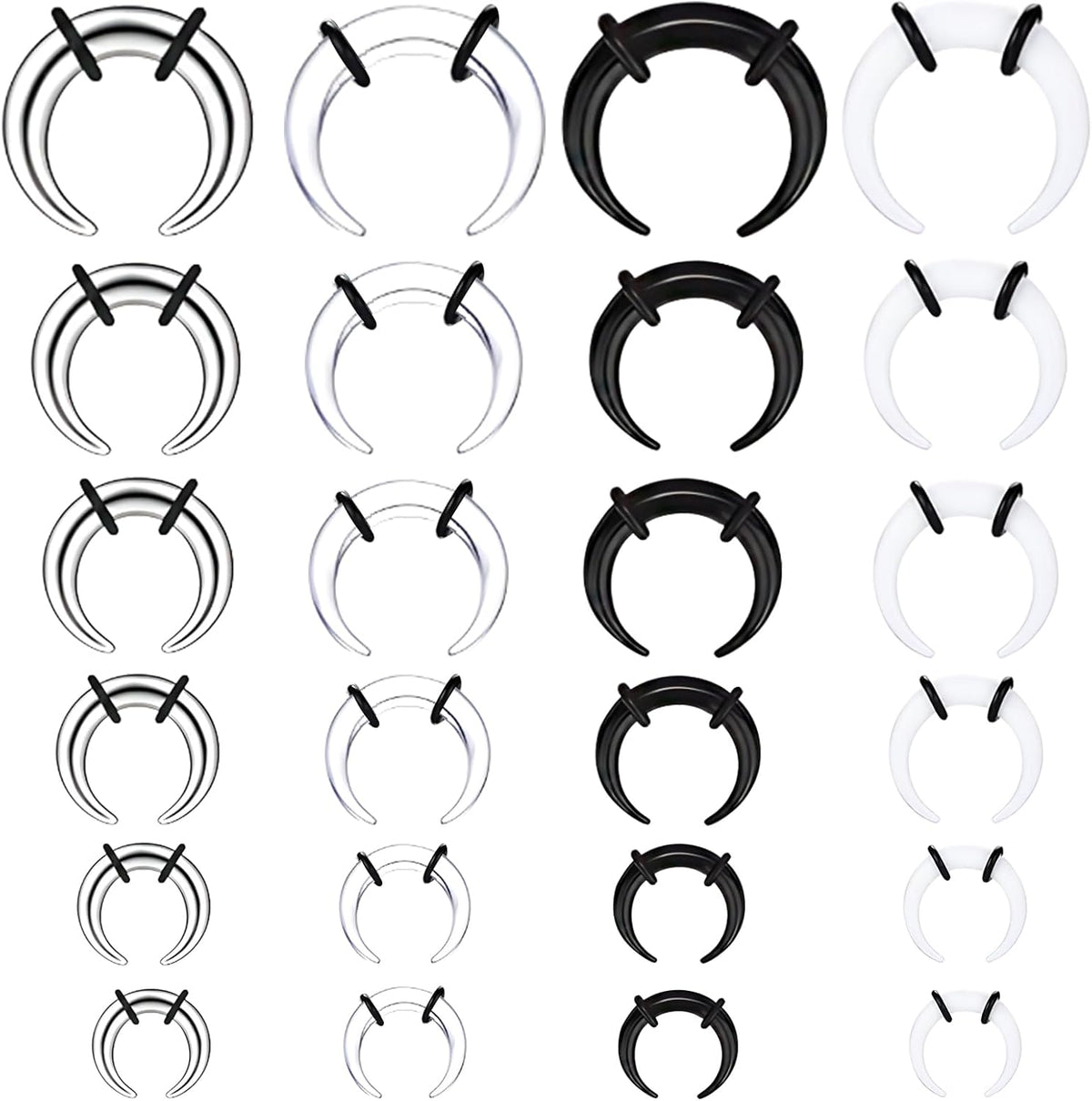 24pcs 14G-4G Acrylic Horseshoe Septum Rings Piercing Jewelry Pincher Tapers Stainless Steel C Shape Buffalo Stretcher Expander with Black O-Rings for Stretching Pierced Nose Ear Cartilage