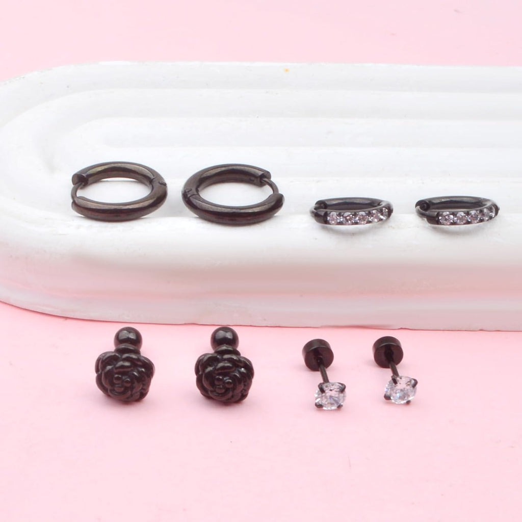 4 Pairs Hypoallergenic Flat Black Rose Studs Surgical Stainless Steel CZ Studs Small Hoop Cartilage Earring Sets for Women Sensitive Ears Earring Stacks Multiple Piercings