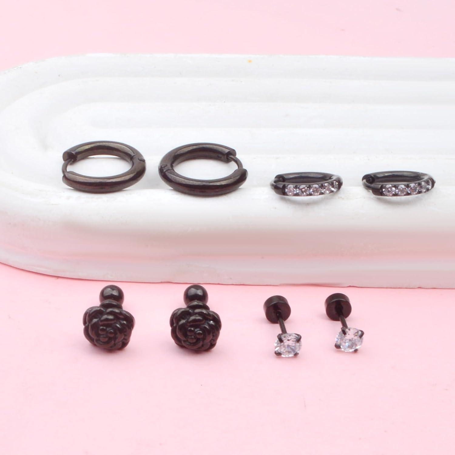4 Pairs Hypoallergenic Flat Black Rose Studs Surgical Stainless Steel CZ Studs Small Hoop Cartilage Earring Sets for Women Sensitive Ears Earring Stacks Multiple Piercings