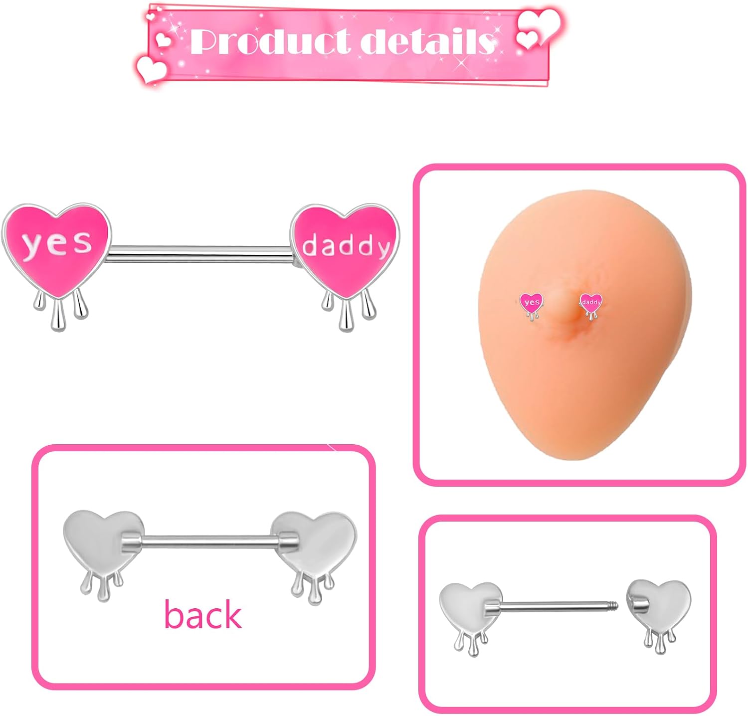 Pink Heart Letter Nipple Rings 14G Stainless Steel Nipple Barbell Cute Love Heart Letters Nipplerings Yes Daddy Naughty Words Body Piercing Jewelry for Women Gifts