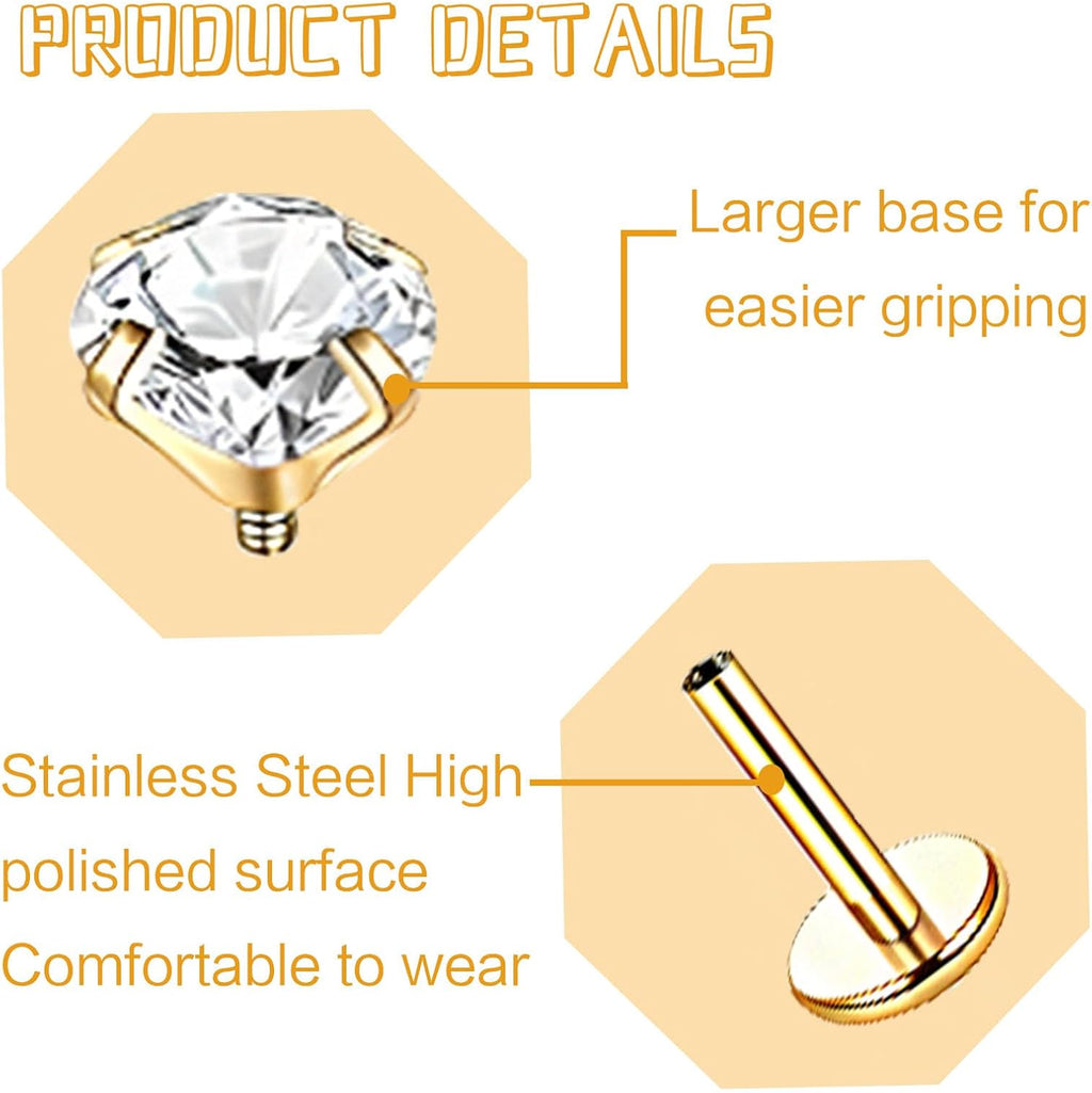 6 Pairs 16G Stainless Steel Labret Internally Threaded Lip Nose Piercing Studs Flat Back Medusa Conch Tragus Cartilage Helix Body Piercing Jewelry Earring Studs for Women Men
