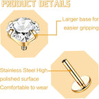6 Pairs 16G Stainless Steel Labret Internally Threaded Lip Nose Piercing Studs Flat Back Medusa Conch Tragus Cartilage Helix Body Piercing Jewelry Earring Studs for Women Men