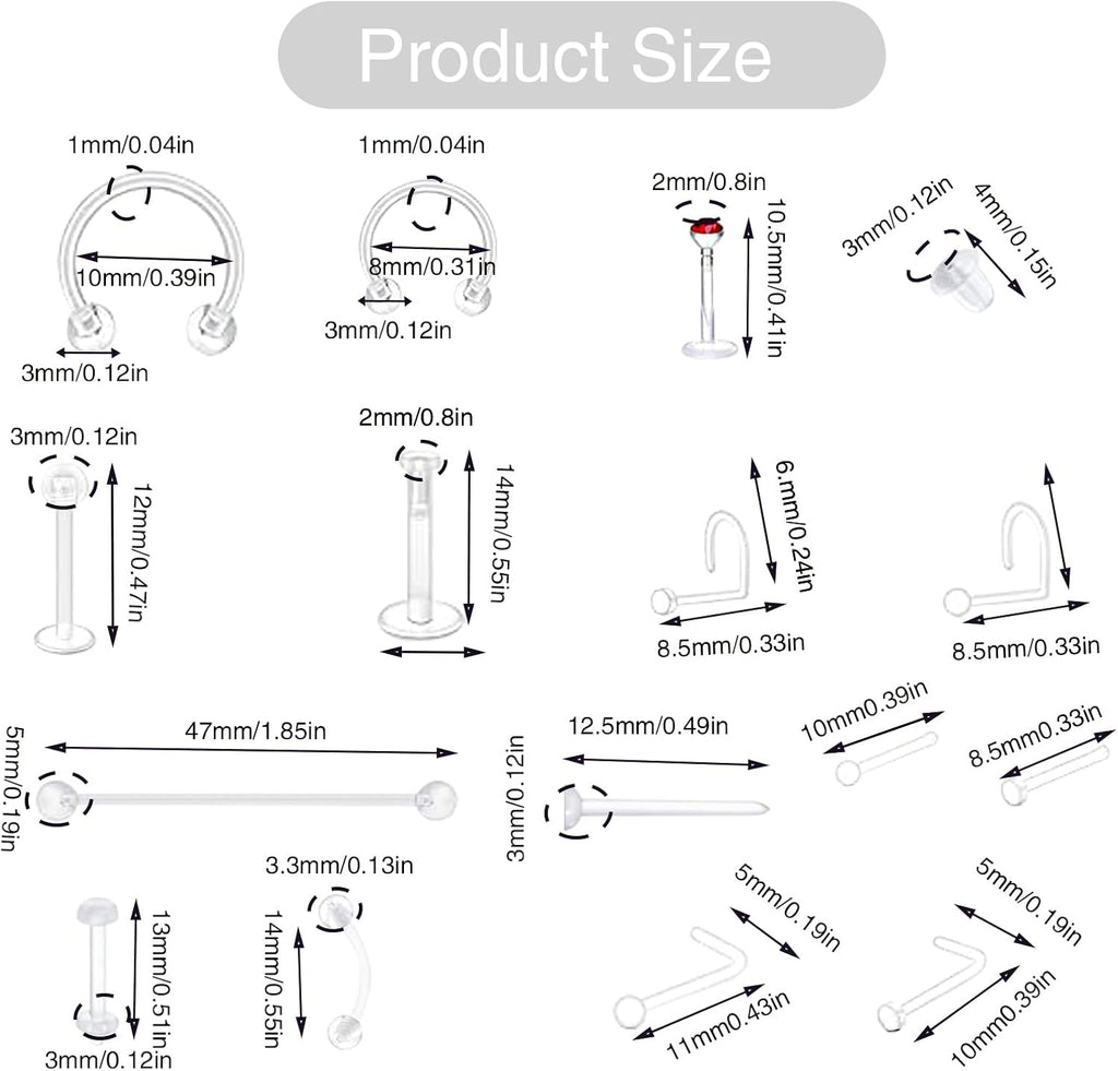 44pcs Clear Piercing Retainers Acrylic Invisible Surgery Nose Rings Stud Lip Cartilage Tragus Labret Ring Studs Rhinestone Jewelry Tongue Barbells Belly Earrings for Daily Wearing Work