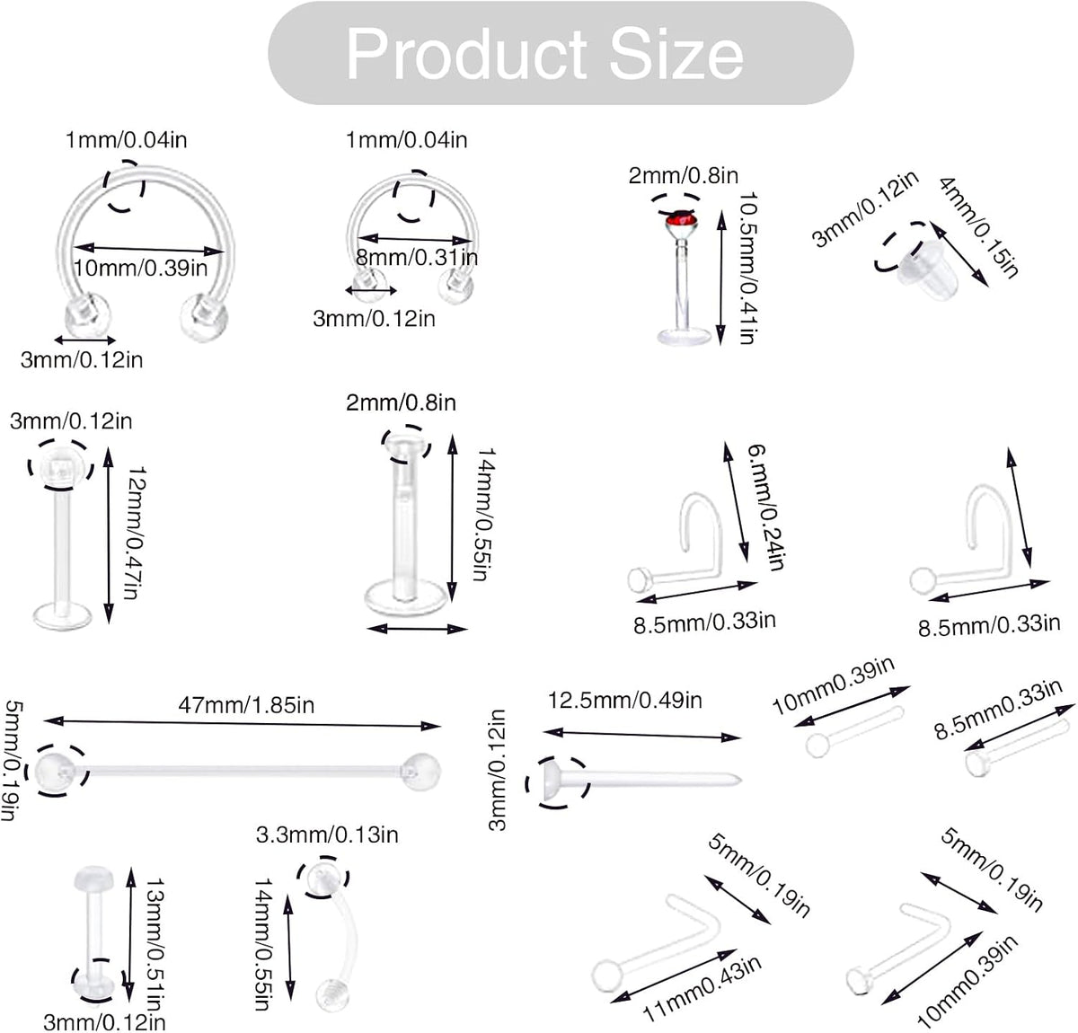 44pcs Clear Piercing Retainers Acrylic Invisible Surgery Nose Rings Stud Lip Cartilage Tragus Labret Ring Studs Rhinestone Jewelry Tongue Barbells Belly Earrings for Daily Wearing Work
