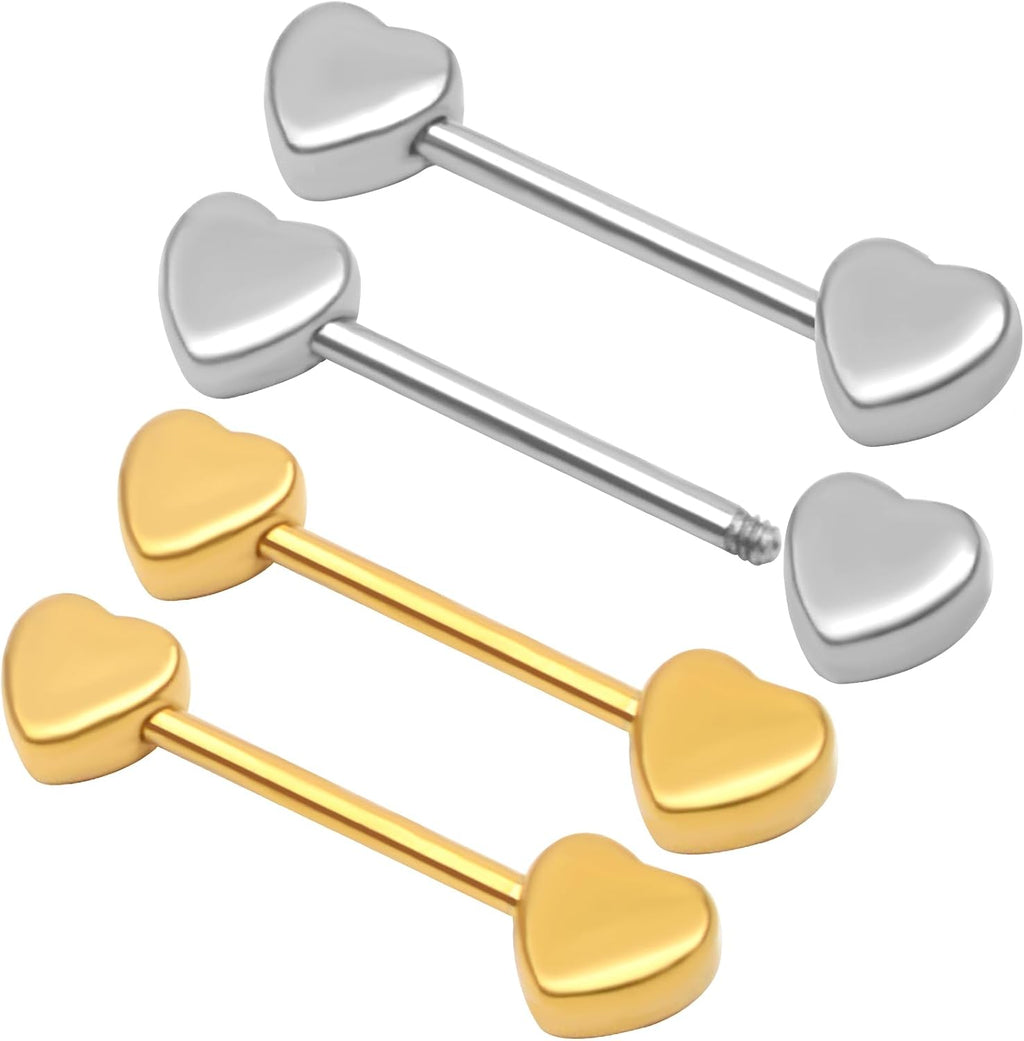 2 Pairs 14G Nipple Rings Minimalist Love Hearts Nipplerings Tongue Rings Stainless Steel Straight Barbells Bridge Piercing Jewelry for Women Men (Gold and Silver)