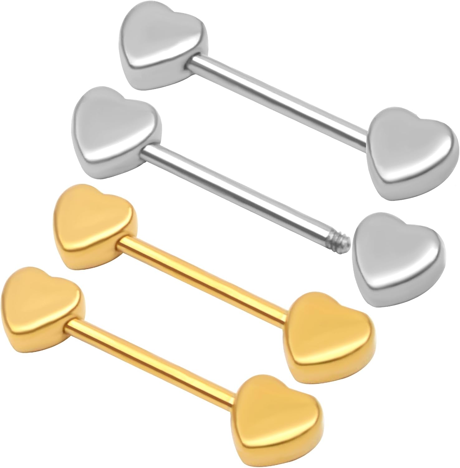 2 Pairs 14G Nipple Rings Minimalist Love Hearts Nipplerings Tongue Rings Stainless Steel Straight Barbells Bridge Piercing Jewelry for Women Men (Gold and Silver)