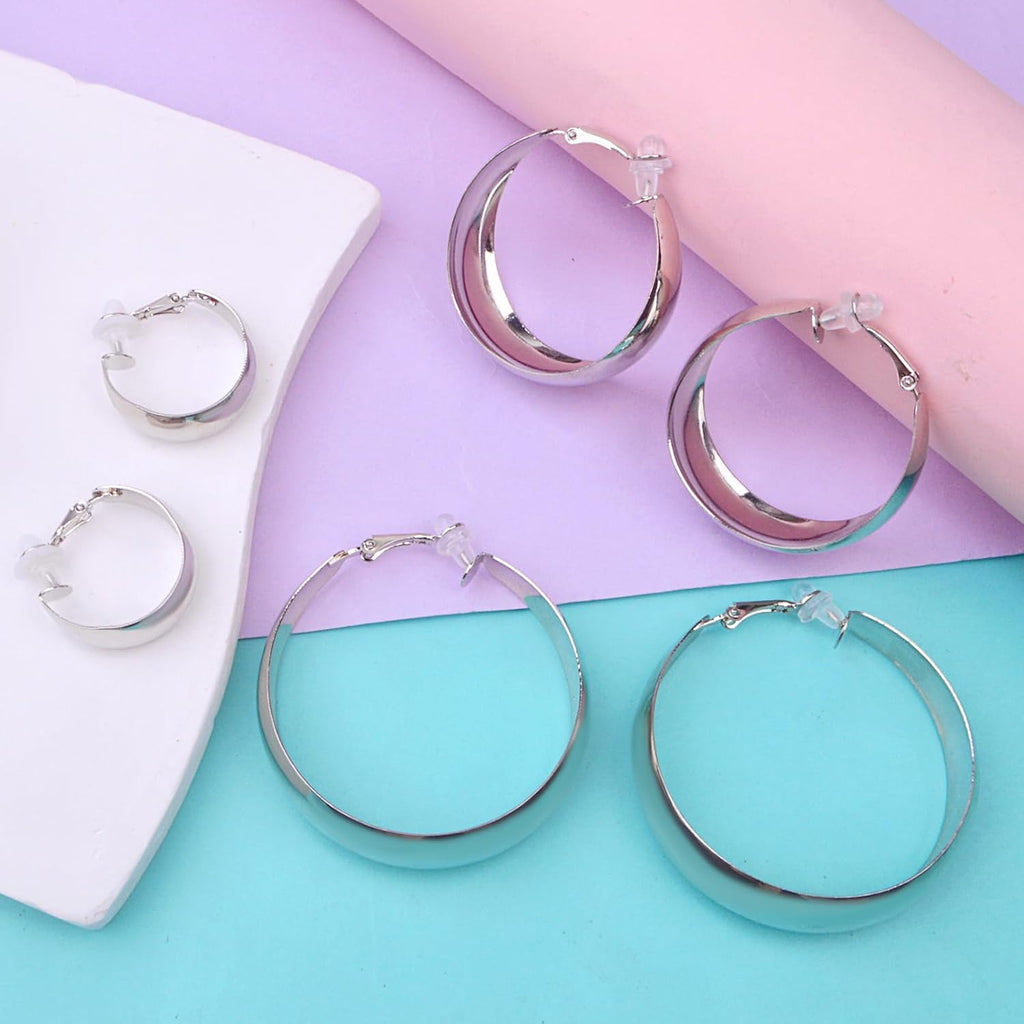 Silver Chunky Clip On Earrings, 3 Pairs, 3 Sizes | Hypoallergenic, C-shaped, No Piercing, Fake Circle Hoops, DIY Earrings Supplies