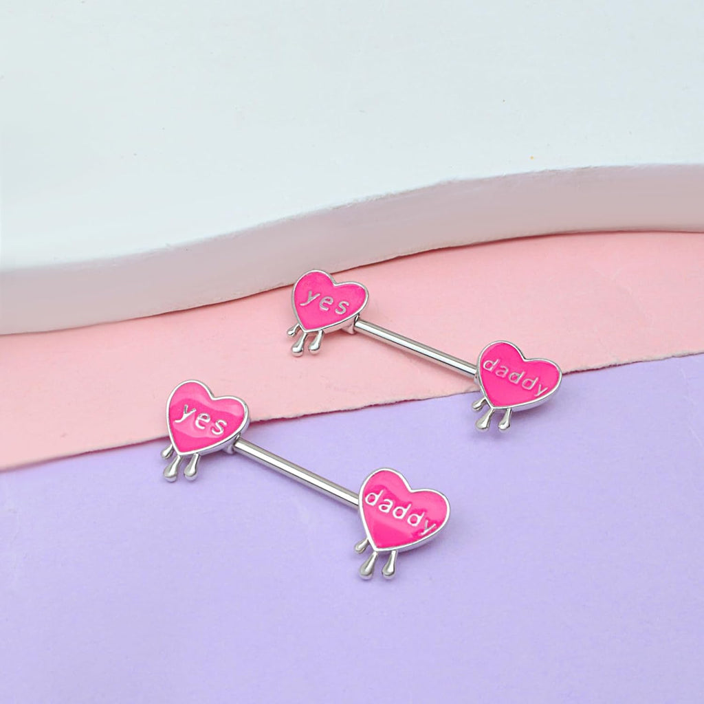 Pink Heart Letter Nipple Rings 14G Stainless Steel Nipple Barbell Cute Love Heart Letters Nipplerings Yes Daddy Naughty Words Body Piercing Jewelry for Women Gifts