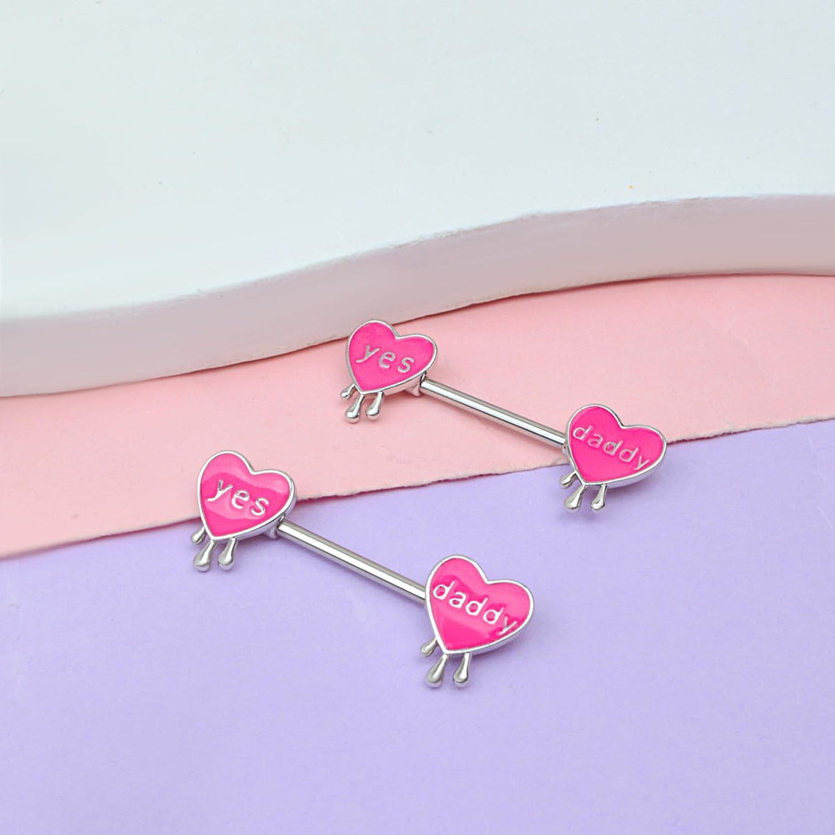 Pink Heart Letter Nipple Rings 14G Stainless Steel Nipple Barbell Cute Love Heart Letters Nipplerings Yes Daddy Naughty Words Body Piercing Jewelry for Women Gifts