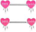 Pink Heart Letter Nipple Rings 14G Stainless Steel Nipple Barbell Cute Love Heart Letters Nipplerings Yes Daddy Naughty Words Body Piercing Jewelry for Women Gifts