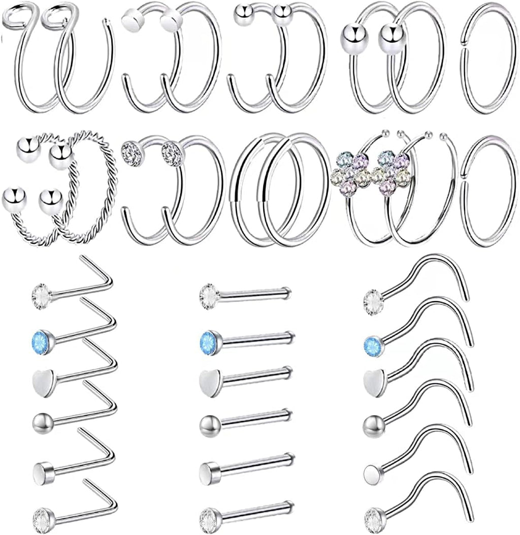 36pcs 20G Stainless Steel Nose Rings Hoop L Shape Nose Studs Screw Bone Hypoallergenic Nostril Surgical Noses Body Piercing Hoops Jewelry Sets for Men Women Birthday Party Gift