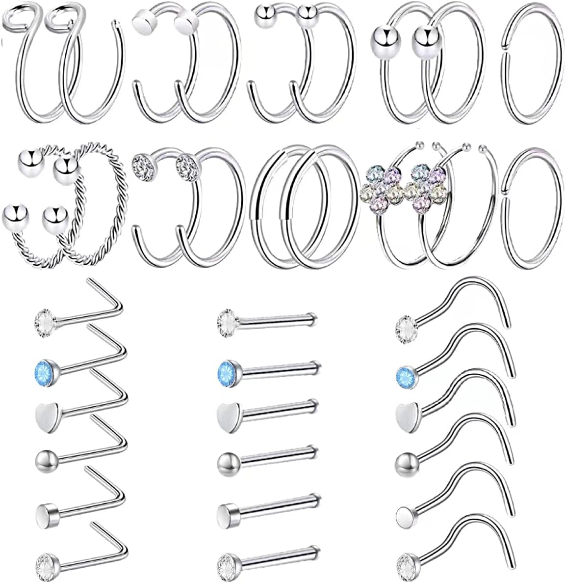 36pcs 20G Stainless Steel Nose Rings Hoop L Shape Nose Studs Screw Bone Hypoallergenic Nostril Surgical Noses Body Piercing Hoops Jewelry Sets for Men Women Birthday Party Gift