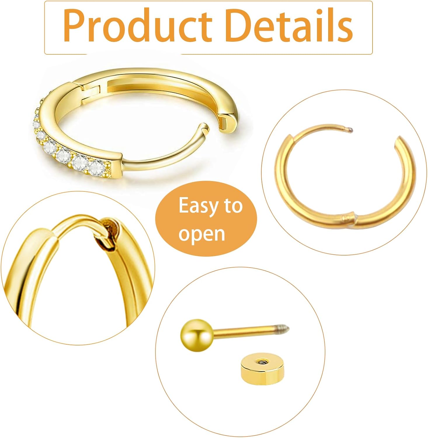 11 Pairs 0.8mm Hypoallergenic Flat Back Earrings Golden Stainles Steel Star Moon Earring Studs Huggie Hoop Cartilage Earrings Set for Earring Stacks Multiple Piercing Jewelry